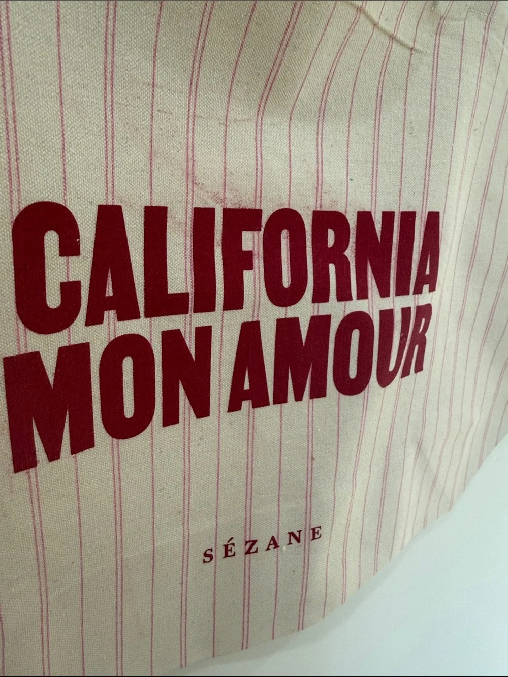 Sezane Cream Tote with Red Logo and Pink Pinstripes